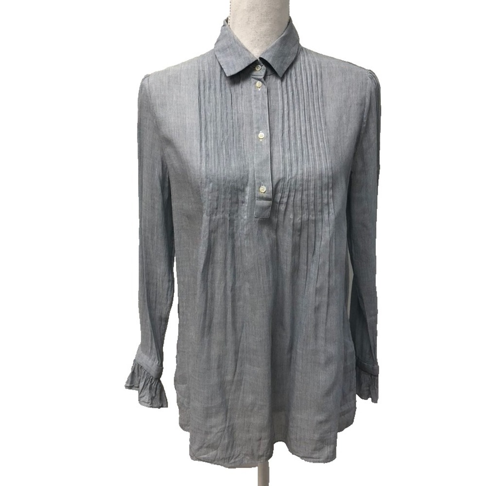 Saint Laurent Gray Pintuck Long-Sleeve Blouse